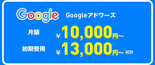 Googleアドワーズ 月額10000円～ 初期費用13000円～（税別）