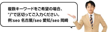 複数キーワードをご希望の場合、”/”で区切ってご入力ください。例：seo 名古屋/seo 愛知/seo 岡崎