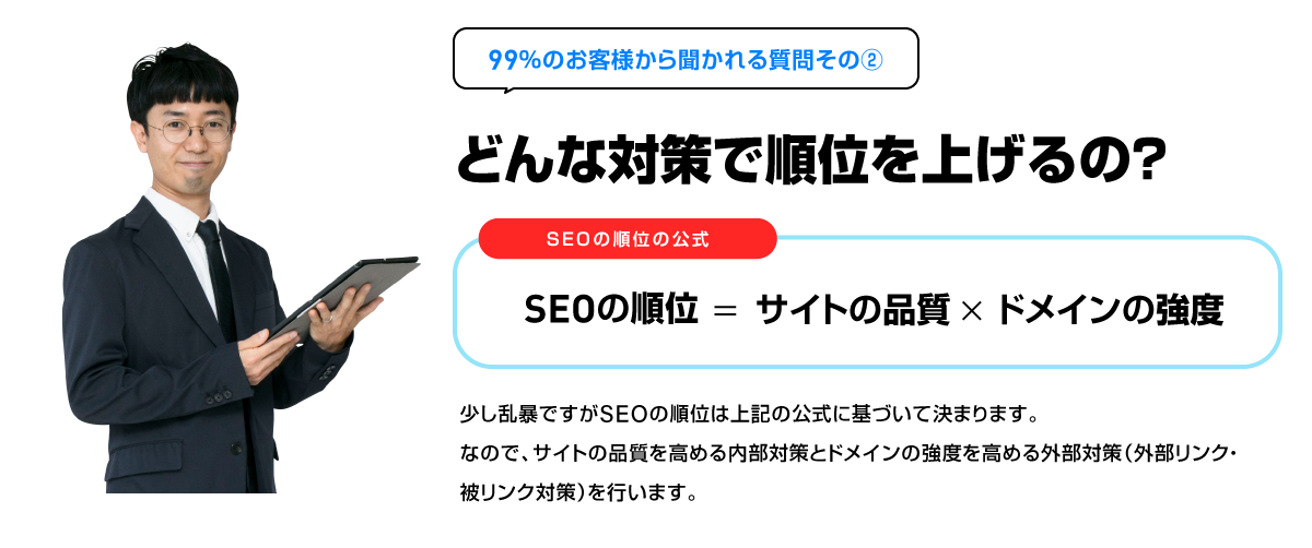 どんな対策で順位を上げるの？SEOの順位＝サイトの品質×ドメインの強度